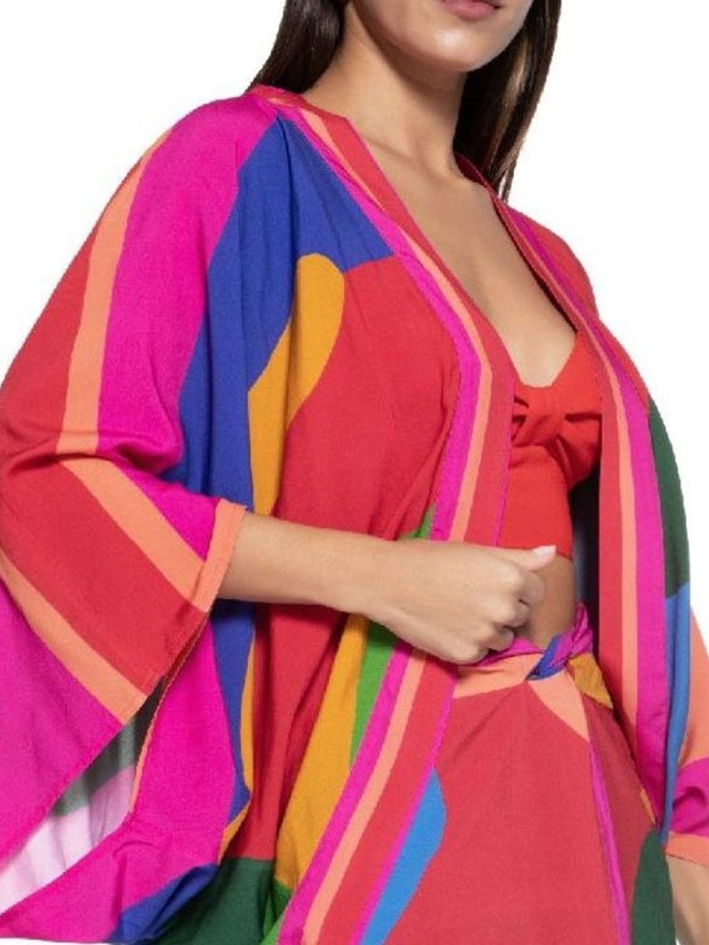 Farm Rio Abstract Colorful Print Open Front Kimono Cardigan one size Brazilian - Picture 2 of 9